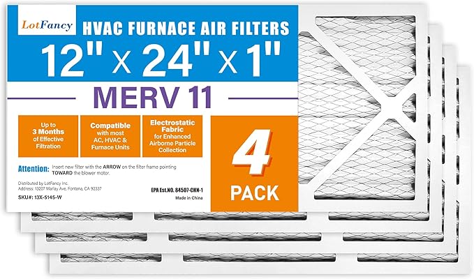 LotFancy 12x24x1 Air Filter MERV 11 4-Pack, Electrostatic Pleated AC Furnace Air Filter, Captures Dust, Smog & Pet Dander, Actual Size: 11.75"x23.75"x0.75"