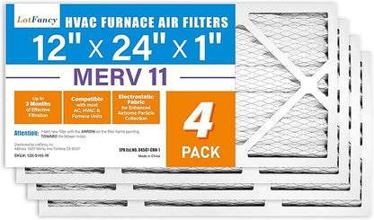 LotFancy 12x24x1 Air Filter MERV 11 4-Pack, Electrostatic Pleated AC Furnace Air Filter, Captures Dust, Smog & Pet Dander, Actual Size: 11.75"x23.75"x0.75"