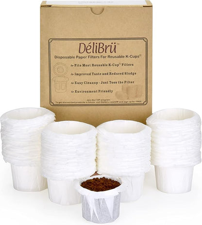 Delibru K Cup Disposable Paper Filters 300 Pack Fits With All Reusable Coffee Pods - Compostable and Disposable Coffee Filters for Keurig Single Cup