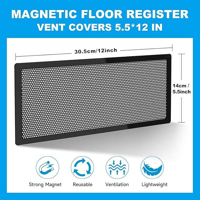 4 PCS Magnetic Vent Covers - 5.5"x12" Magnetic Air Vent Screen - for Floor/Wall/Ceiling Registers - Easy Install, Secure Fit - Durable(Fits Registers 5.5" to 6.5" Wx 12" to13" L)