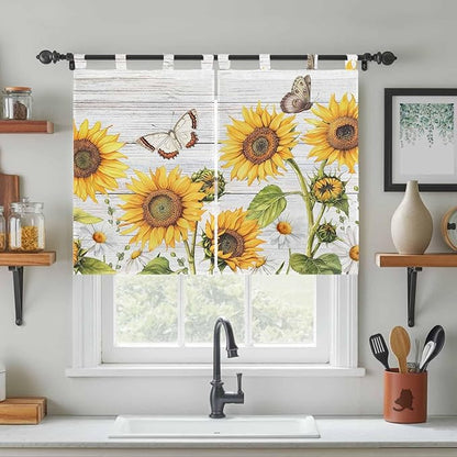 Yellow Sunflowers Bedroom Curtains 63 Inch Length, Window Curtains Tab Top, Vintage Country Flowers Butterfly Wood Board Light Filtering Window Treatments Drapes 42"x63" 2 Panel