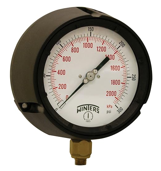 Winters PPC Series Phenolic Dual Scale Process Pressure Gauge with Brass Internals, 0-300 psi/kpa, 4-1/2" Dial Display, +/-0.5% Accuracy, 1/4" NPT Bottom Mount