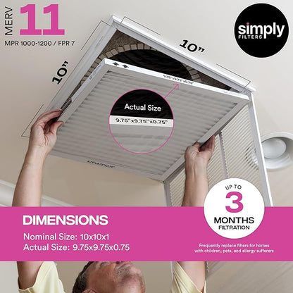 Simply 10x10x1 Air Filter, MERV 11, 12 Pack, For Home AC Furnace & HVAC (Actual Size: 9.75"x9.75"x0.75") DUST, Pet, & Allergy Control