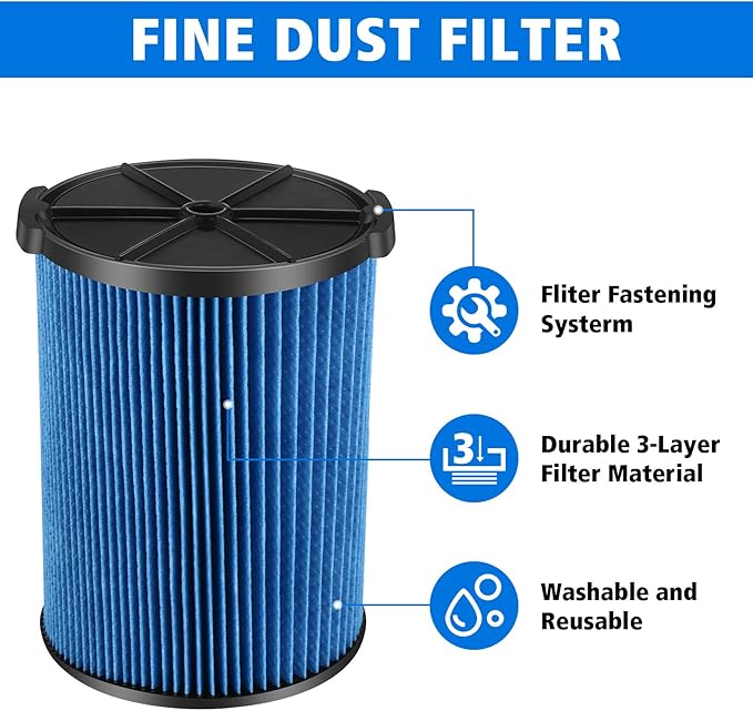 VF5000 Replacement Vacuum Filter 3 Layer Pleated with High Efficiency Particle Air Filter Material Compatible with Rigid Shop Vac 6-20 Gallon Wet Dry Vacuums (2 Packs)