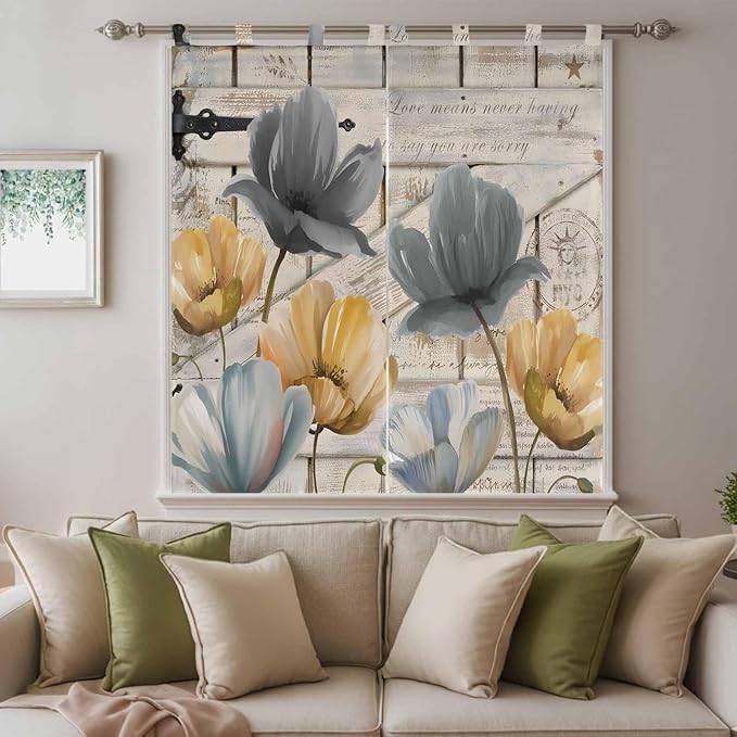 Spring Tulips Flower Bathroom Curtains 63 Inch Length, Window Curtains Tab Top, Vintage Floral Barn Doors Rustic Beige Light Filtering Window Treatments Drapes 52"x63" 2 Panel
