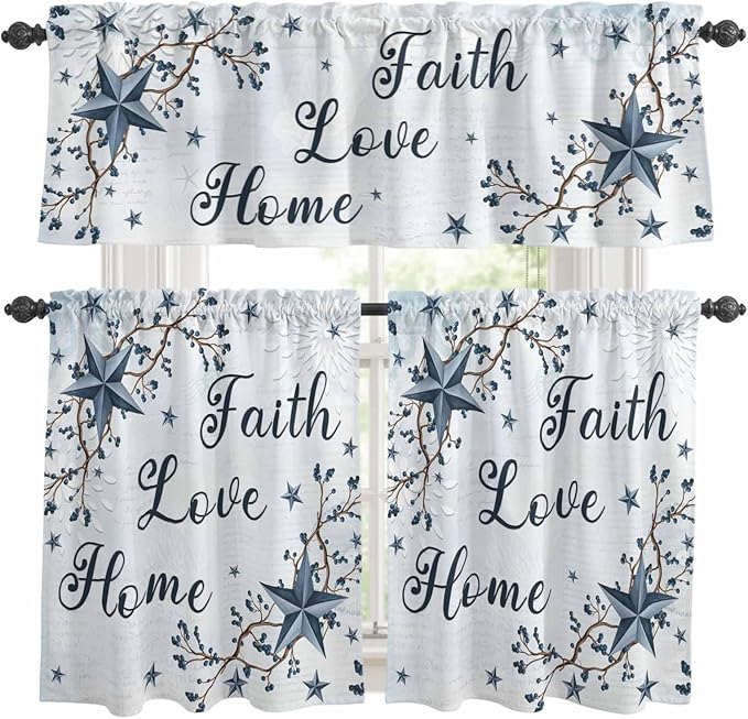 Kitchen Curtains Tiers and Valance Set of 3, Texas Star Country Light Filtering Window Curtain Set, Blue Farmhouse Branches Rod Pocket Curtain Drapes for Cafe, Living Room, 36 Inches Tiers