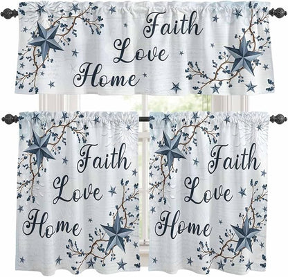 Kitchen Curtains Tiers and Valance Set of 3, Texas Star Country Light Filtering Window Curtain Set, Blue Farmhouse Branches Rod Pocket Curtain Drapes for Cafe, Living Room, 36 Inches Tiers