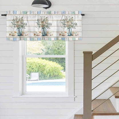 Kitchen Valances for Window, Ocean Starfish Conch Shell Eucalyptus Light Filtering Rod Pocket Valance Curtain, Colorful Wood Grain Short Curtains Window Topper for Bedroom Living Room 54x18in