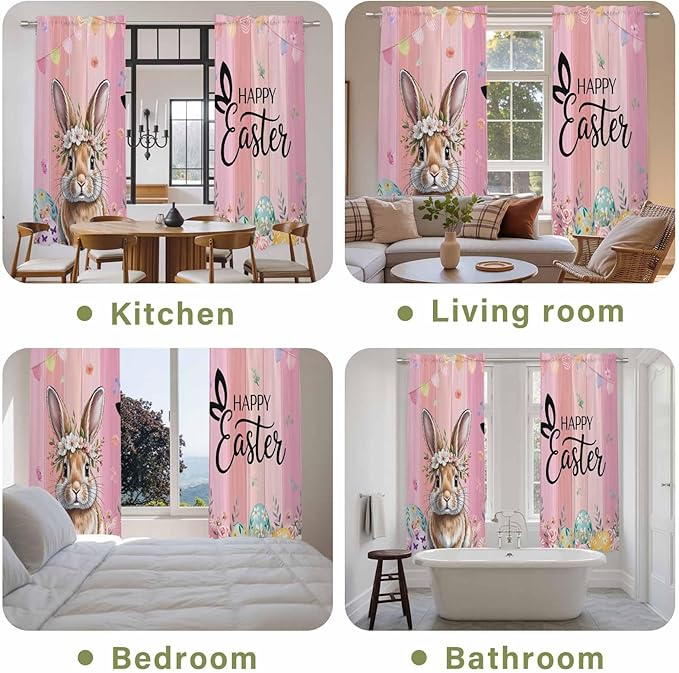 Easter Kitchen Curtains, Spring Rabbit Eggs Flowers Flags Leaves Wood Grain Light Filtering Window Curtain Panels, 2Pcs Rod Pocket Window Treatments Set for Living Room Bathroom Bedroom 52x72 Inches