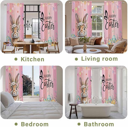 Easter Kitchen Curtains, Spring Rabbit Eggs Flowers Flags Leaves Wood Grain Light Filtering Window Curtain Panels, 2Pcs Rod Pocket Window Treatments Set for Living Room Bathroom Bedroom 52x72 Inches