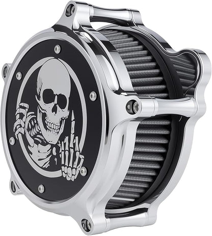 Motorcycle Air Filter Skull Style Air Cleaner with Filter Sock Dustproof Protective Cover Kit for Harley Touring 2000-07 Softail 2000-15 Dyna 2000-17, Excludes 2017 FXDLS (Chrome)