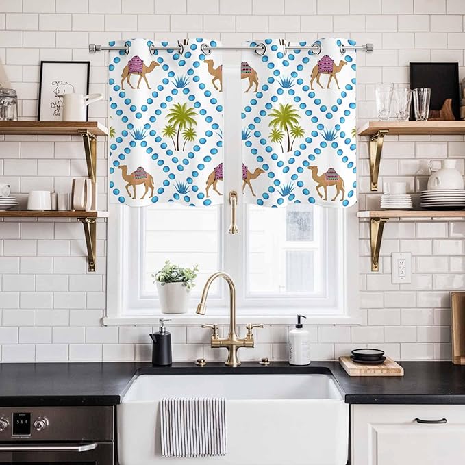 2 Panel Kitchen Cafe Curtains, Camels Palm Trees Sunlight Filtering Nature Air Through, Home Decor Window Covering Tier Curtains for Living Room 55W x 39L inch Tropical Desert Animal Plants Polka Dot