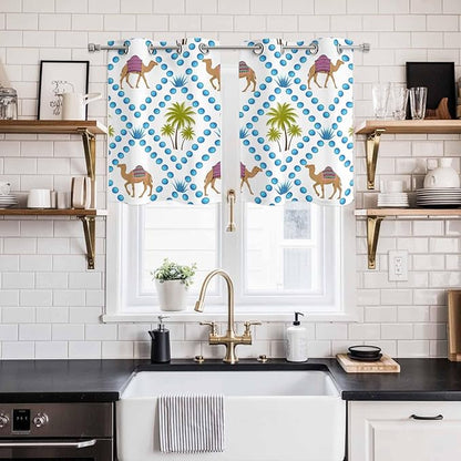 2 Panel Kitchen Cafe Curtains, Camels Palm Trees Sunlight Filtering Nature Air Through, Home Decor Window Covering Tier Curtains for Living Room 55W x 39L inch Tropical Desert Animal Plants Polka Dot