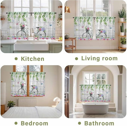 Spring Kitchen Curtains, Bicycles Botanical Rose Leaves Butterfly Wood Grain Light Filtering Window Curtain Panels, 2Pcs Rod Pocket Window Treatments Set for RV Dining Room Study Room 42x54 Inches