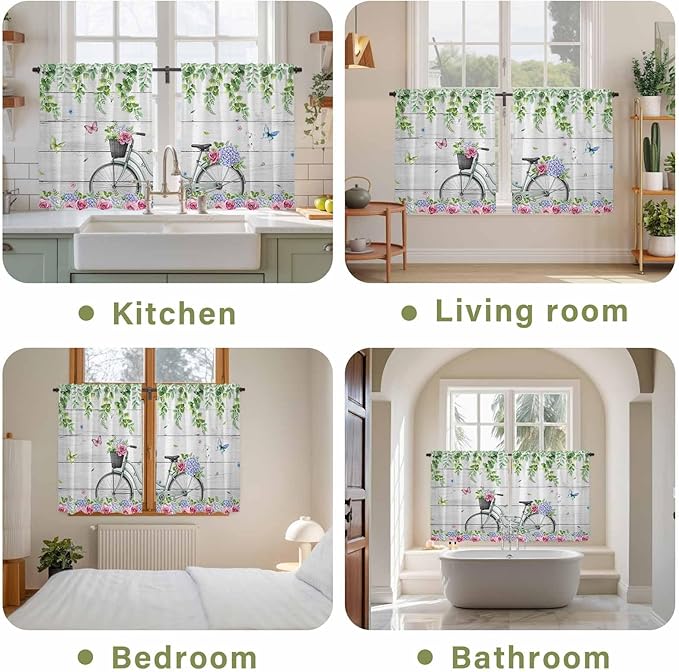Spring Kitchen Curtains, Bicycles Botanical Rose Leaves Butterfly Wood Grain Light Filtering Window Curtain Panels, 2Pcs Rod Pocket Window Treatments Set for RV Dining Room Study Room 42x45 Inches