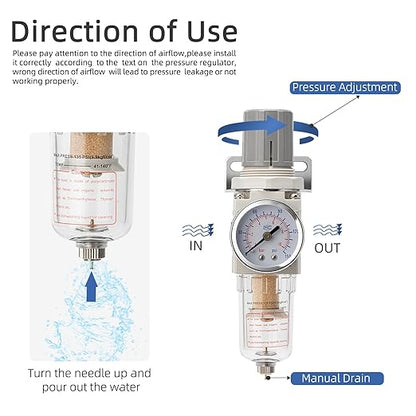 Pneumatic Air Compressor Filter Regulator Combo 1/4" NPT 150 PSI w/Adjustable Gauge-Water Separator,Metal Bracket,Manual Drain,5 Micron Brass Cartridge