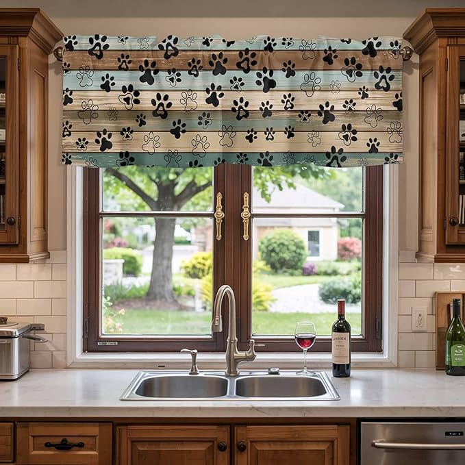 Dog Paws Valance Curtains for Kitchen, Teal Brown Wood Grain Privacy Rod Pocket Valance Curtain, Light-Filtering Window Treatment for Bedroom Bathroom, 60"x14"