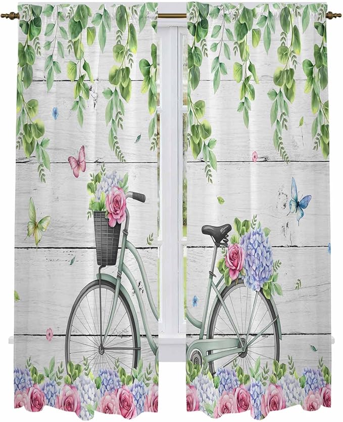 Spring Kitchen Curtains, Bicycles Botanical Rose Leaves Butterfly Wood Grain Light Filtering Window Curtain Panels, 2Pcs Rod Pocket Window Treatments Set for Living Room Bathroom Bedroom 52x72 Inches