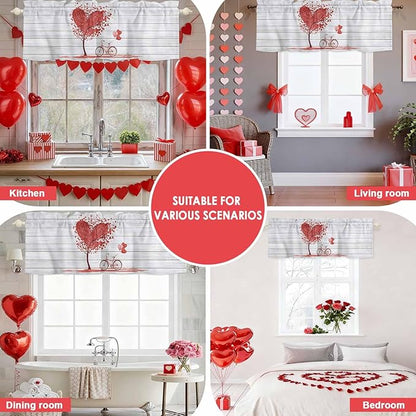 Valentine's Day Valance Curtains for Kitchen, Red Love Trees Bicycles Balloons Wood Grain Privacy Rod Pocket Valance Curtain, Light-Filtering Window Treatment for Bedroom Bathroom, 60"x18"