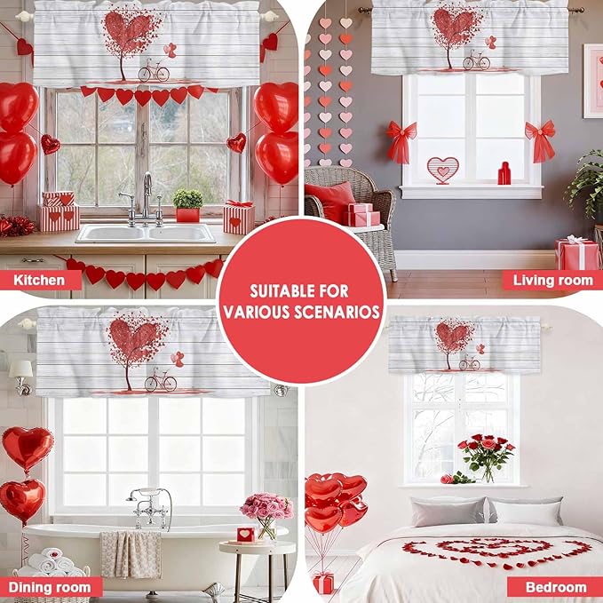 Valentine's Day Valance Curtains for Kitchen, Red Love Trees Bicycles Balloons Wood Grain Privacy Rod Pocket Valance Curtain, Light-Filtering Window Treatment for Bedroom Bathroom, 60"x14"