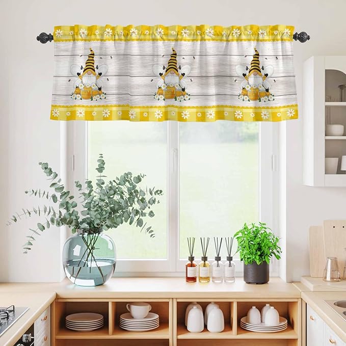 Yellow Gnomes Kitchen Curtains Set 3 Piece for Windows, Rod Pocket Valance and Tier Set 36 Inch Length, Spring Bees Daisy Plaid Wooden Grain Light Filtering Cafe Curtains for Living Room Bathroom
