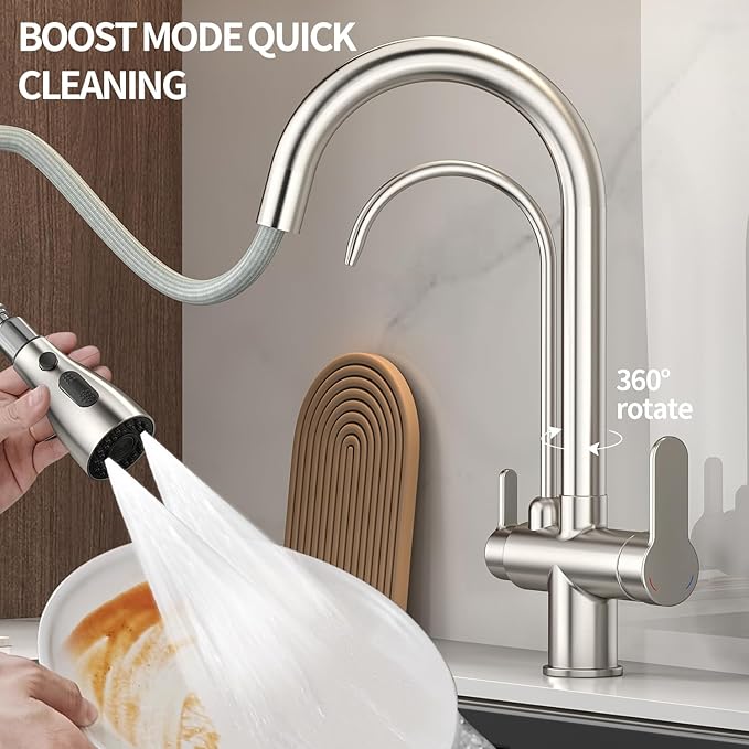 Kitchen Sink Faucet with Pull - Down Sprayer, 2 - Handle 3 - in - 1 Kitchen Sink Filter Faucet, Cold and Hot Mixer Drinking Water Faucet (3-in-1 Filter Faucet, Brushed Nickel)