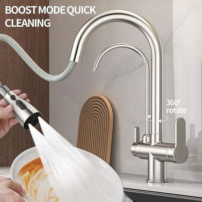 Kitchen Sink Faucet with Pull - Down Sprayer, 2 - Handle 3 - in - 1 Kitchen Sink Filter Faucet, Cold and Hot Mixer Drinking Water Faucet (3-in-1 Filter Faucet, Brushed Nickel)