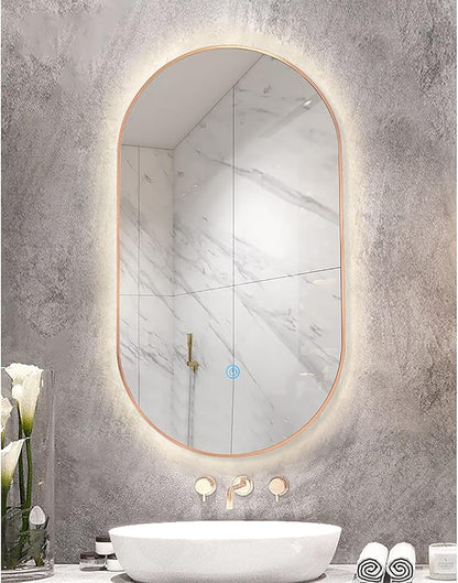 Oval LED Illuminated Bathroom Mirror, Wall-mounted Vanity Makeup Mirror with Demister Pad, 3 Dimmable Color Temperatures & Touch Control, Metal Frame Anti-Fog Lighted Wall Mirror ( Color : Rose Gold F