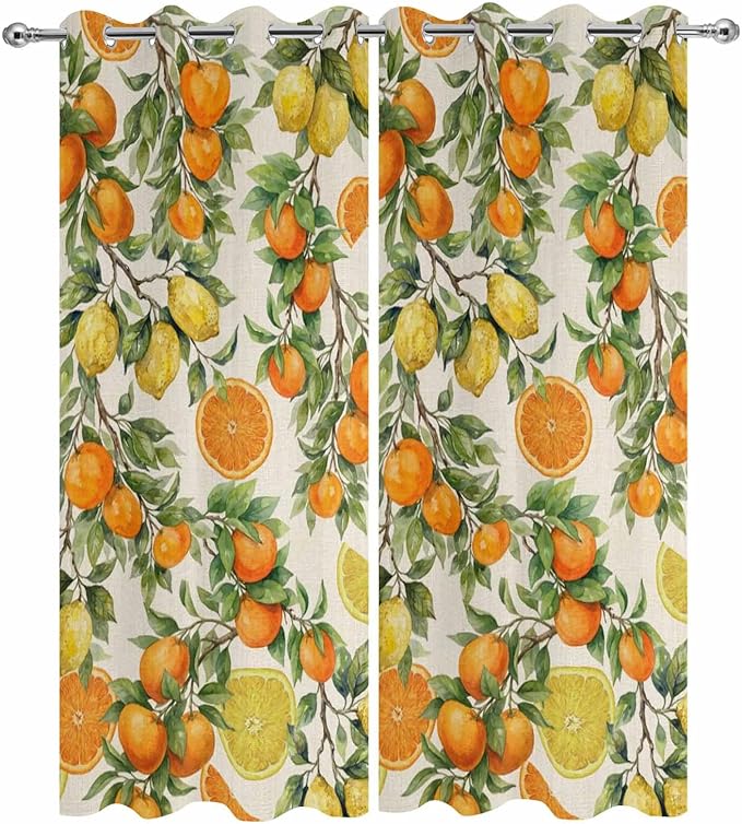 Lemons Yellow Orange Summer Plant Linen Outdoor Curtains for Patio Waterproof Outside Curtains with Grommet Top Weatherproof Curtain for Cabana Pergola Gazebo, 2 Pack, 54" W x 108" L