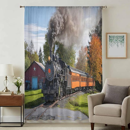 Steam Train Sheer Curtains 108 Inch Length Railroad Country Barn Rustic Trees Farmhouse Chiffon Curtain for Bedroom Living Room Light Filtering Rod Pocket Window Treatments Voile Curtains Drapes