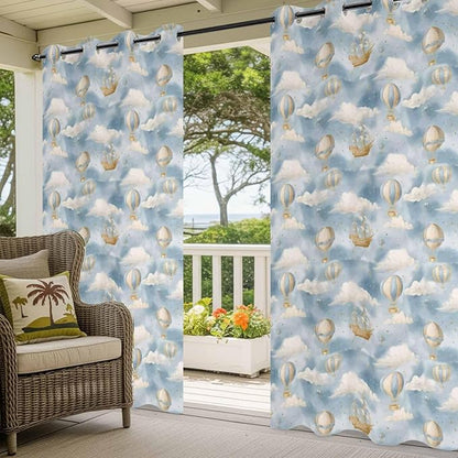 Hot Air Balloons Outdoor Curtains for Patio Fantasy Spaceship Cartoon Vintage Waterproof Outside Curtains with Grommet Top Weatherproof Curtain for Cabana Pergola Gazebo, 1 Panel, 54" W x 108" L