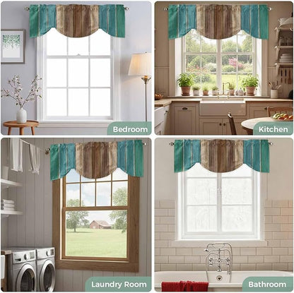 Teal Blue Brown Tie Up Valance Curtains for Windows, Kitchen Curtains Window Shades, Farmhouse Retro Wooden Grain Stripes Light Filtering Roman Curtain Valances for Bedroom/Bathroom/Cafe 54"x18"
