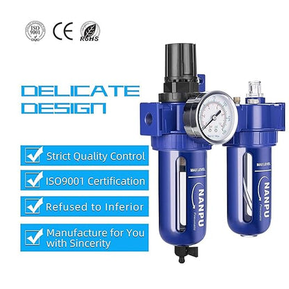 NANPU 3/8" NPT Compressed Air Filter Regulator Lubricator (FRL), Zinc Alloy, 5 Micron Brass Element, 0-150 psi Gauge, Quick Release Bowl, Manual Drain, Metal Bracket