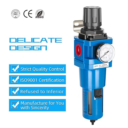 NANPU 1" NPT Compressed Air Filter Regulator Combo Piggyback, 5 Micron Brass Element, Poly Bowl, Manual Drain, Metal Bracket, 0-150 psi Gauge -AW5000-10M