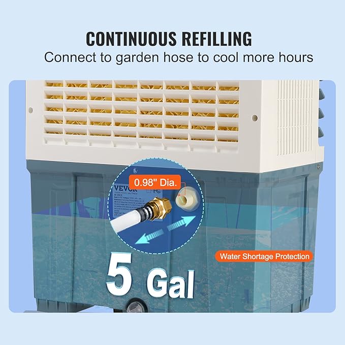 VEVOR Evaporative Air Cooler,1400 CFM 11X31 inch Air Cooler,3 Speeds Cooler Portable Air Conditioner,Energy-Saved Swamp Cooler for party,pool and patio,5 Gal Water Tank & 550 Sq.Ft…