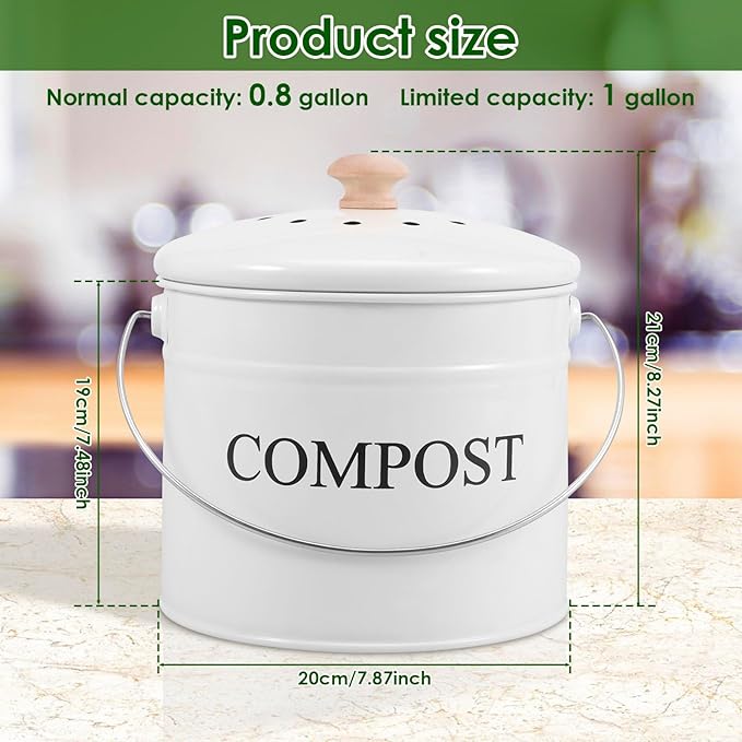 Kitchen Compost Bin 0.8 Gallon Metal Countertop Compost Bin with Lid and Handle, Smell Resistant Indoor Waste Bucket for Food Waste(White,1)