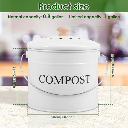 Kitchen Compost Bin 0.8 Gallon Metal Countertop Compost Bin with Lid and Handle, Smell Resistant Indoor Waste Bucket for Food Waste(White,1)