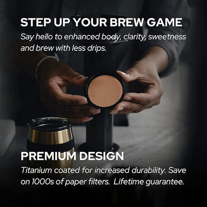 Filters for use in AeroPress Go/AeroPress Coffee Makers (Fine & Superfine) - Premium Replacement Disc - Reusable Metal, Titanium Coated Stainless Steel. Upgrade Mesh or Filter Papers