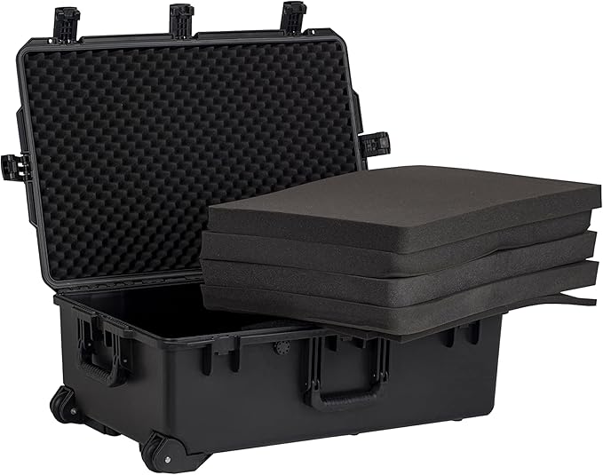 MEIJIA Portable All Weather Waterproof Camera Case,Customizable Fit Foam with Rolling Wheels and Retractable Pull Handle,31.3"X20.3"X12.25"