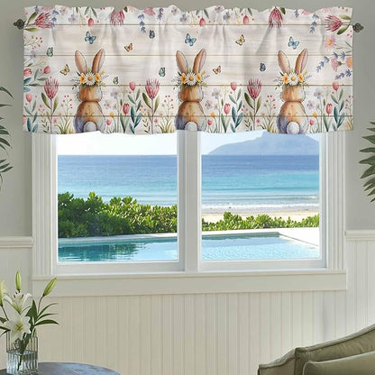 Easter Curtain Valances for Windows, Kitchen Valance Window Treatment, Spring Bunny Butterfly Botanical Wooden Grain Light Filtering Block Curtains for Bathroom/Bedroom/Living Room 54'' x 18''