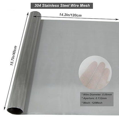 304 Stainless Steel Mesh 120Mesh, 15.7"x47.2"(40x120cm) Metal Mesh Screen, Woven Fine Wire Mesh Easy to Cut for Filter Mesh, Filtration Cloth and DIY Project