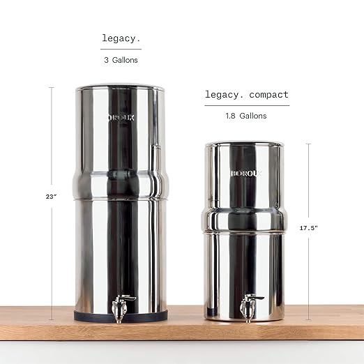 Boroux Compact Gravity-Fed Countertop Stainless Steel Water Filter System | 1.8 Gallons with 2 Authentic Black Foundation Filters