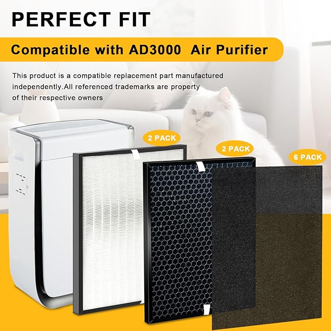10-Pack Amboseli Replacement Filters Compatible 3000 Air Purifi-er, 3000,3000M, 3000Pro Air Purifi-er,2 air filter, 2 Activated Carbn and 6 Extra Carbn Pre-Filters