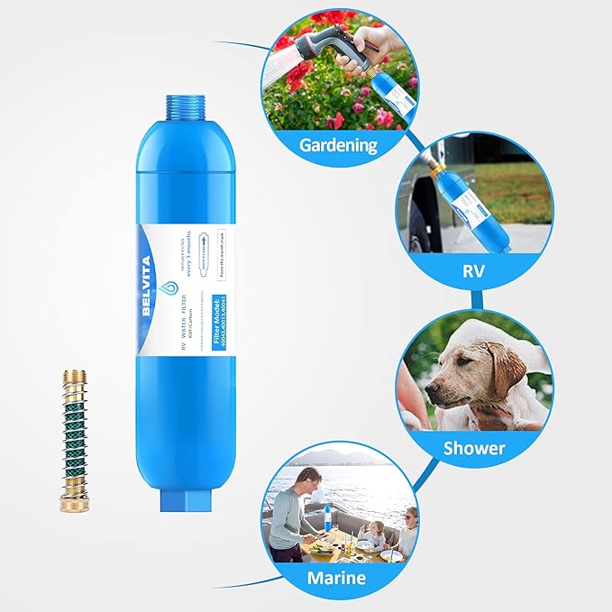 BELVITA RV Inline Marine Water Filter, Reduces Chlorine, Bad Taste, Odor for RVs,NSF Certified with Flexible Hose Protector (Pack of 4)