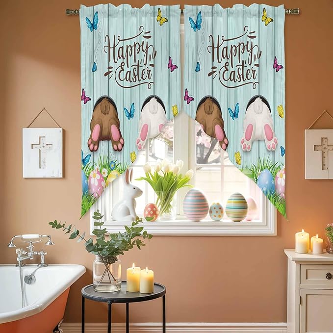 Swag Curtain Valances for Kitchen Windows,Happy Easter Bunny Butt Egg Floral Short Rod Pocket Window Valance,Spring Plant on Aqua Wood Swag Topper for Bedroom Living Room,2 Panels 36x63in