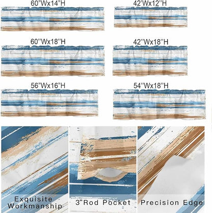 Vintage Blue Valances for Windows, Brown Wood Grain Mottled Texture Abstract Art Kitchen Valance Light Filtering Rod Pocket Short Curtains for Kitchen Bathroom, 1 Panel, 60"x18"
