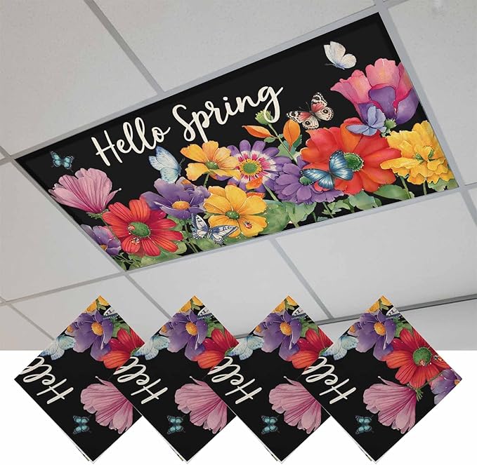 Fluorescent Light Covers for Ceiling Lights Hello Spring Magnetic Light Filters 4 Pack 4x2 ft Butterfly Colorful Spring Floral Ceiling Lights Cover for Classroom Office School Home Drop Lamp Decor