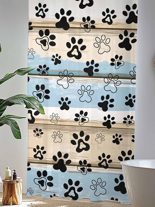 Sheer Curtains 108 Inches Long, Blue Dog Paw Print Semi Sheer Curtains Light Filtering Window Treatment, Vintage Farmhouse Rustic Wooden Grain Privacy Voile Drapes for Living Room Bedroom 52x108 Inch