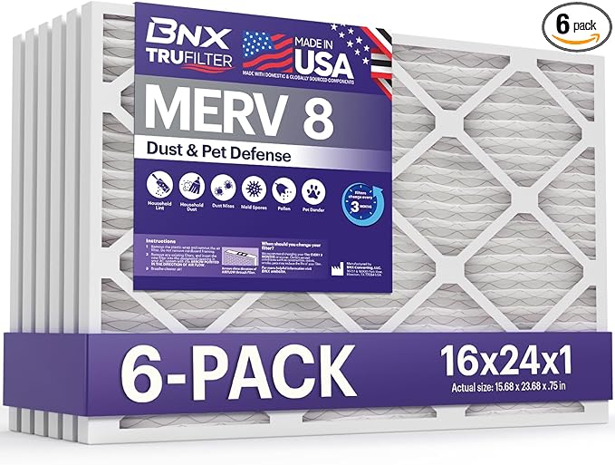 BNX TruFilter 16x24x1 Air Filter MERV 8 (6-Pack) - MADE IN USA – Dust & Pet Defense Pleated Air Conditioner HVAC AC Furnace Filters for Dust, Pet, Mold, Pollen MPR 600 – 700 & FPR 5