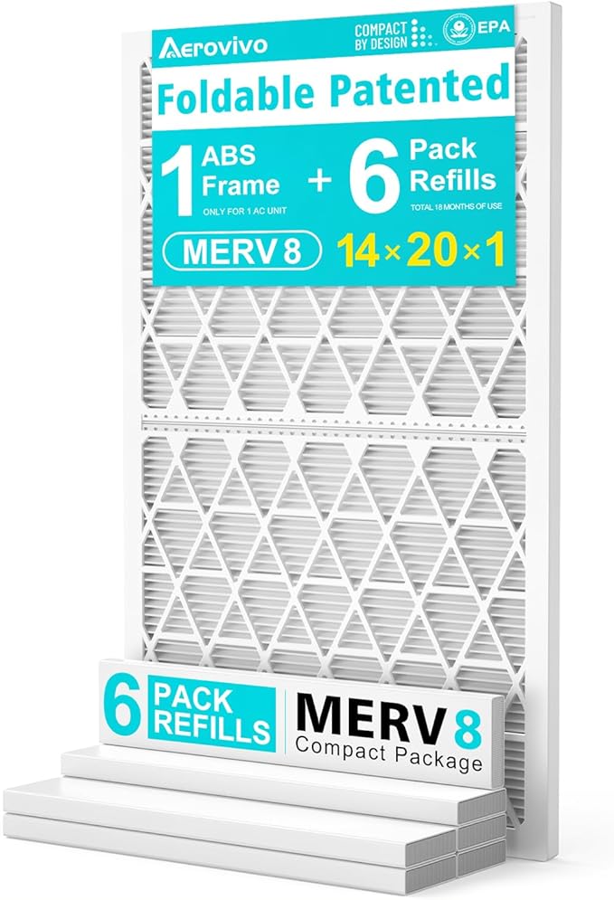 14x20x1 Refillable Air Filter Kit, MERV 8, 1 Reusable Foldable Frame ＆ 6 Refills, Fits Most AC HVAC Furnace Devices, Actual Size 13.75x19.75x0.75in